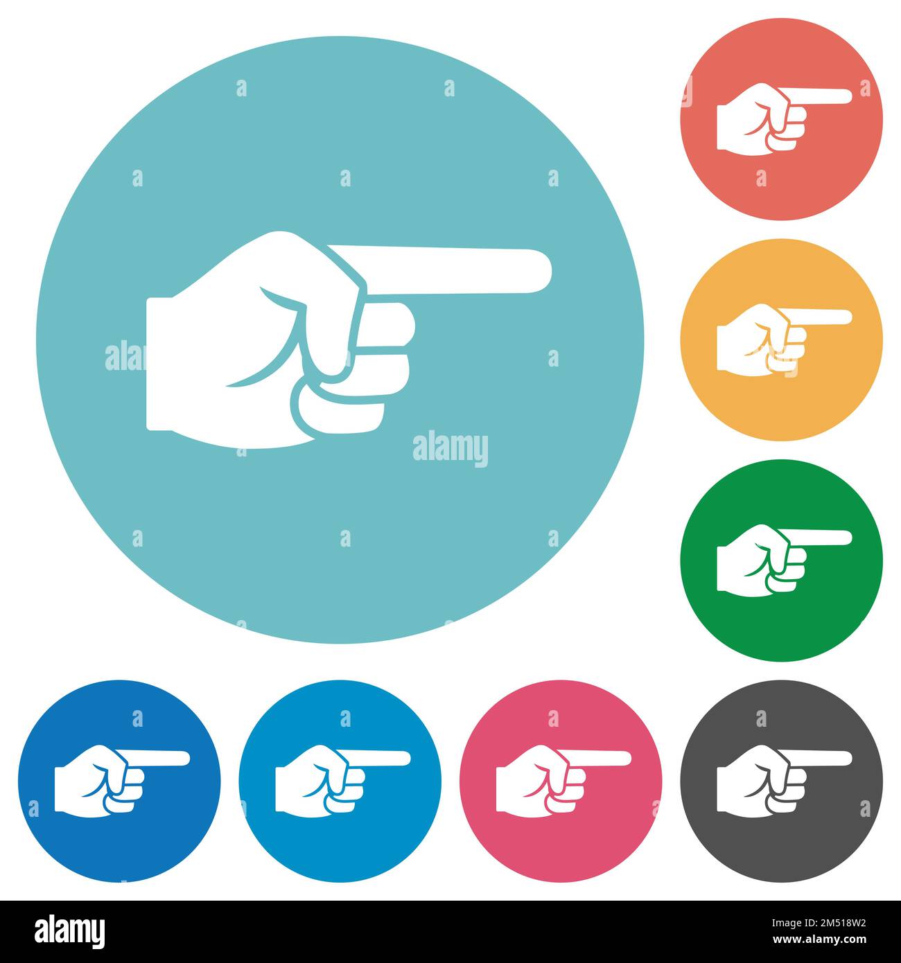 Right pointing hand solid flat white icons on round color backgrounds ...
