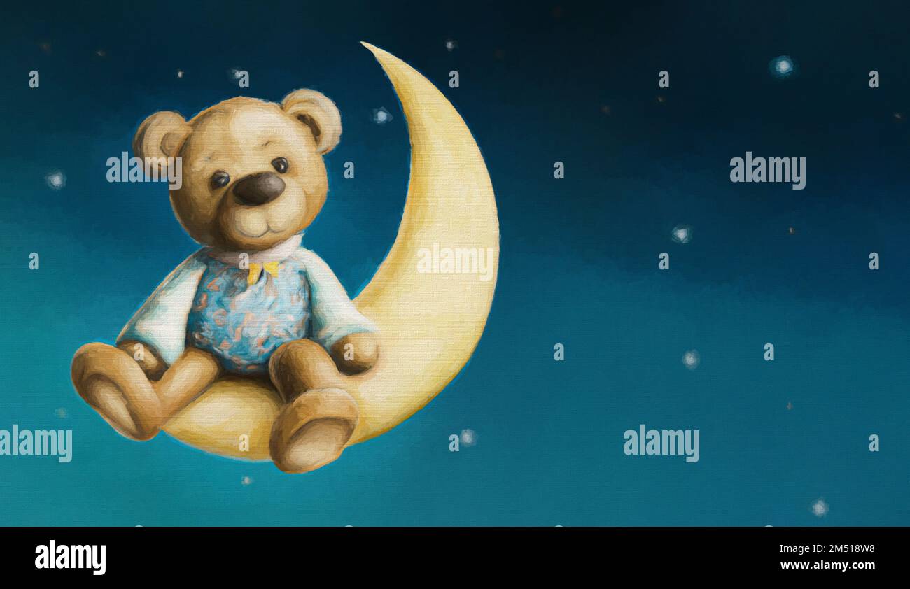 Teddy Bear sitting on a crescent Moon. Digital Painting Stock
