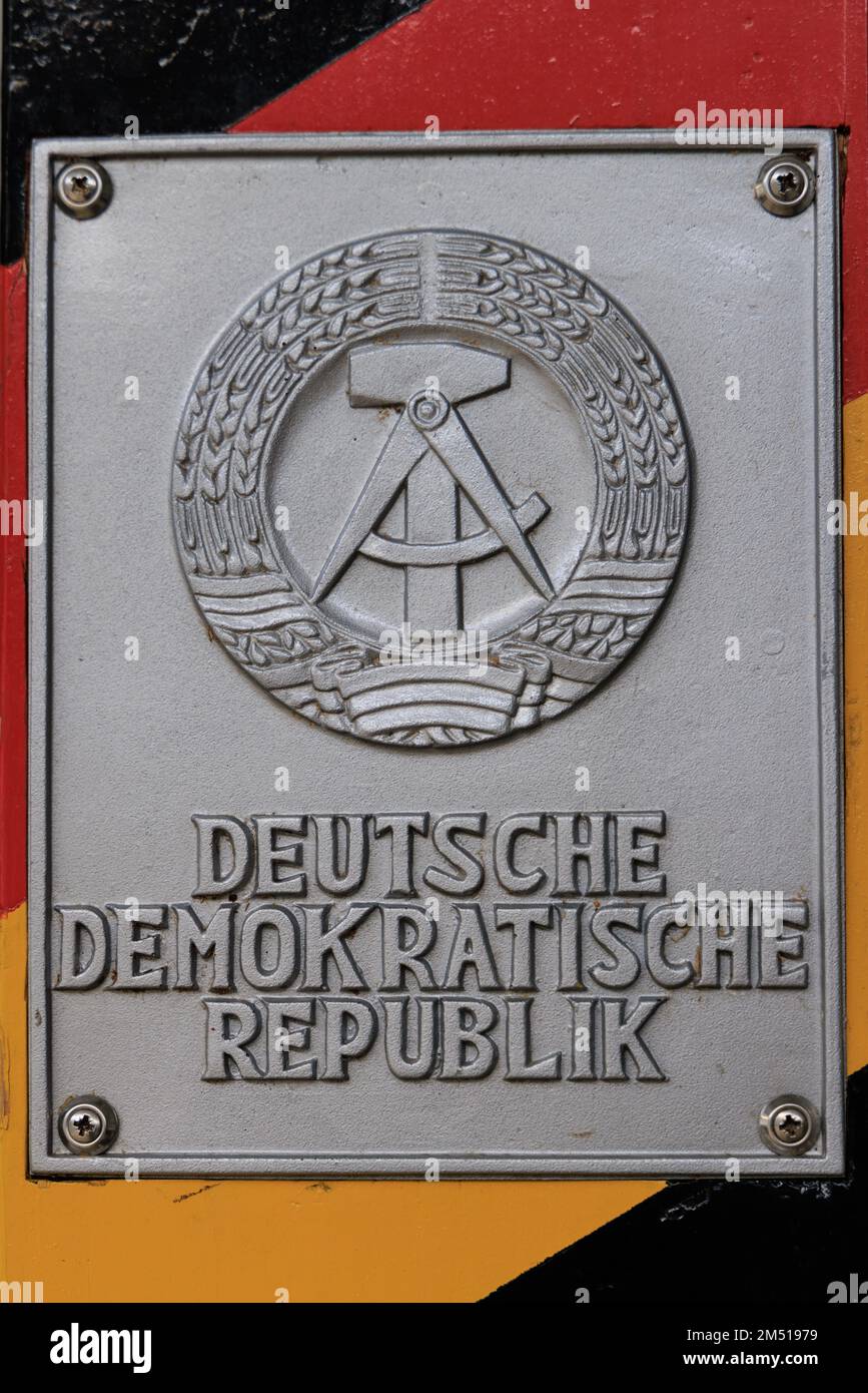 Eichsveld, Germany - September 14, 2022: Name sign Deutsche Demokratische Republik at border museum Schifflersgrund at Green Belt in Asbach-Sickenberg in Eichsveld Thuringen in Germany Stock Photo