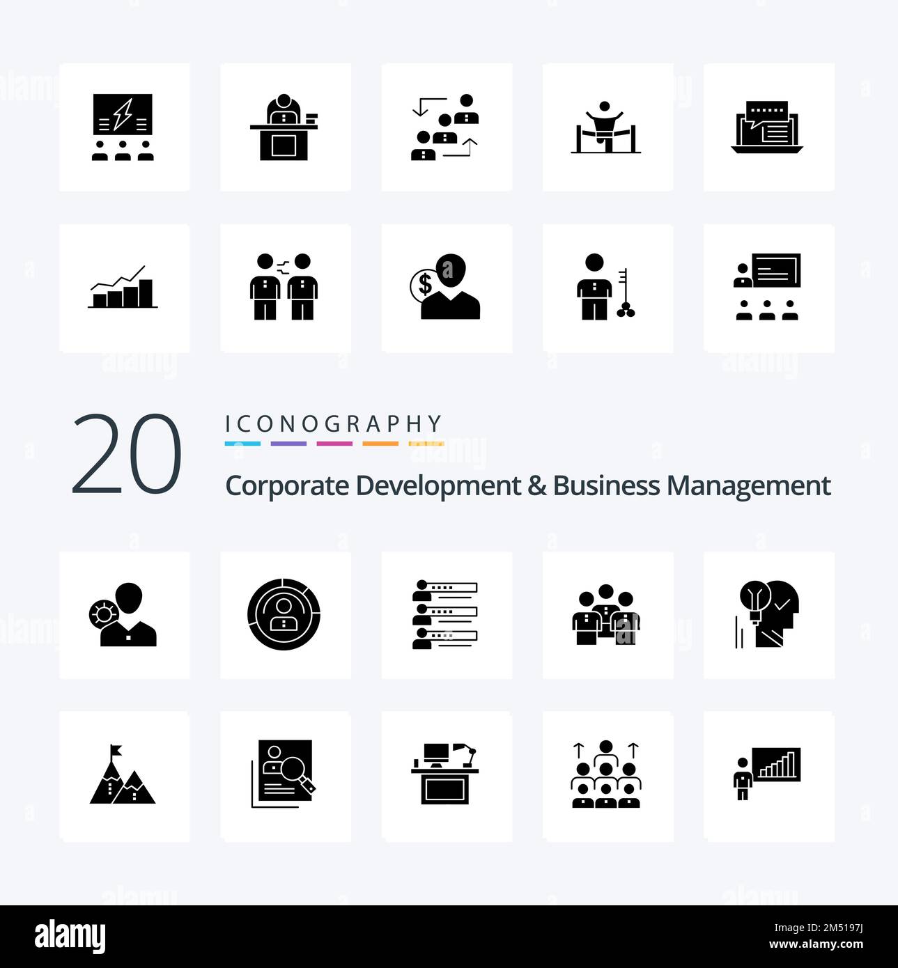 20 Corporate Development And Business Management Solid Glyph icon Pack