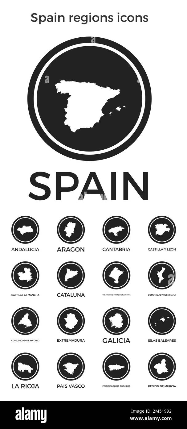 Spain regions icons. Black round logos with country regions maps and titles. Vector illustration. Stock Vector