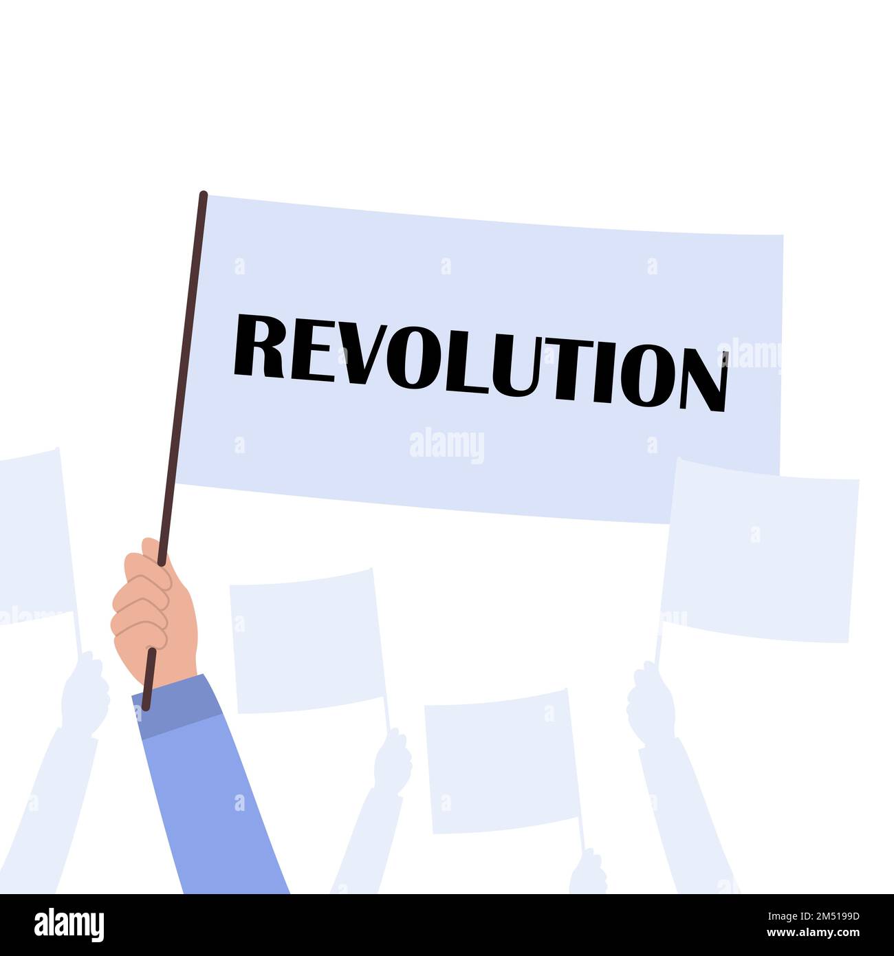 Crowd of revolution people. Silhouettes of hands people with banners Stock Vector