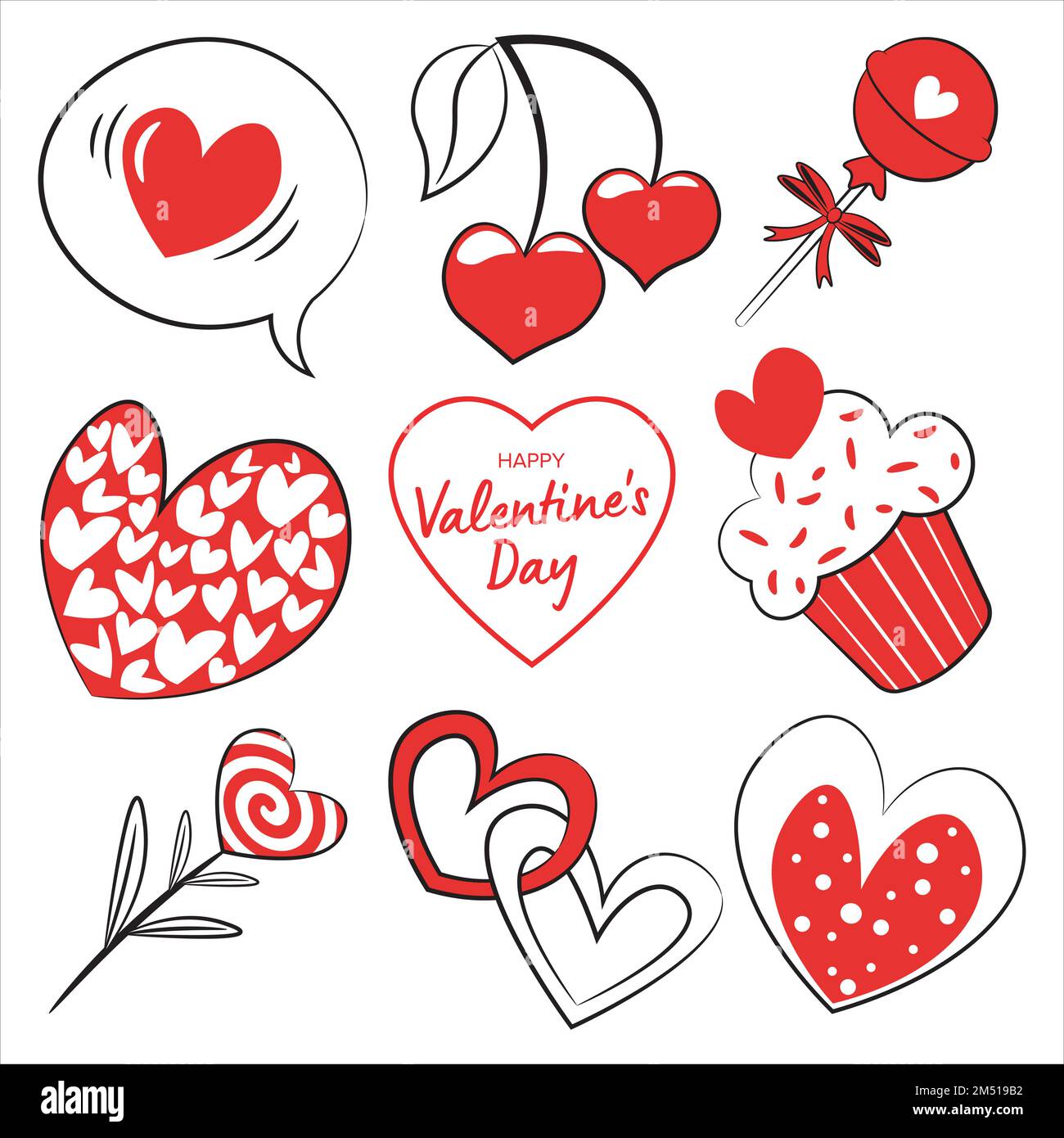 set of happy valentines day elements, heart with mini hearts inside, love  message, cherries, lollipop, united hearts, cake and candy flower Stock  Vector Image & Art - Alamy