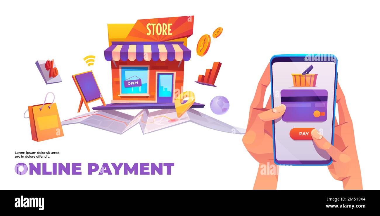 Online payment banner. Human hands holding smartphone with credit card