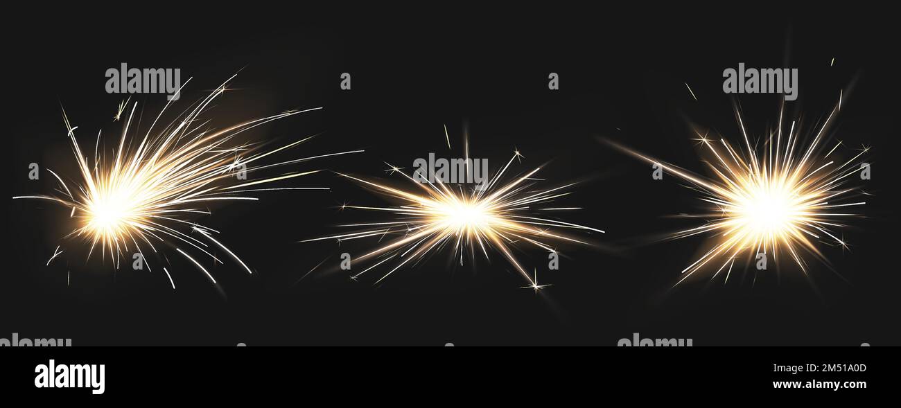 Weld sparks isolated on black background. Vector realistic flare effect of metal welding, iron cutting, fireworks or electric flash. Set of light flashes of industrial works with steel or firecrackers Stock Vector