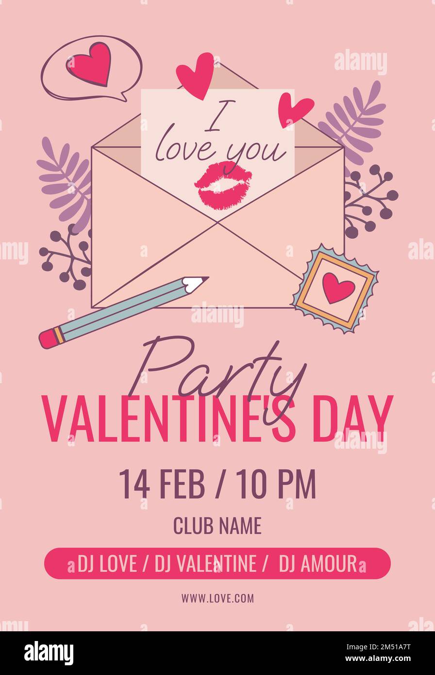 valentines day party poster on pink background with cute envelope ...