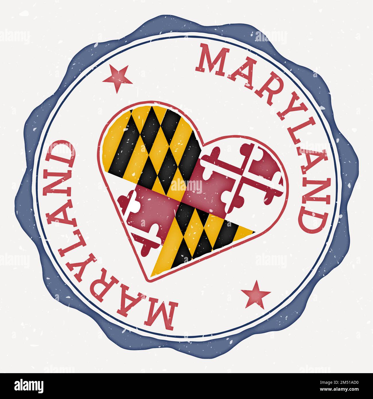 Maryland heart flag logo. Us state name text around Maryland flag in a