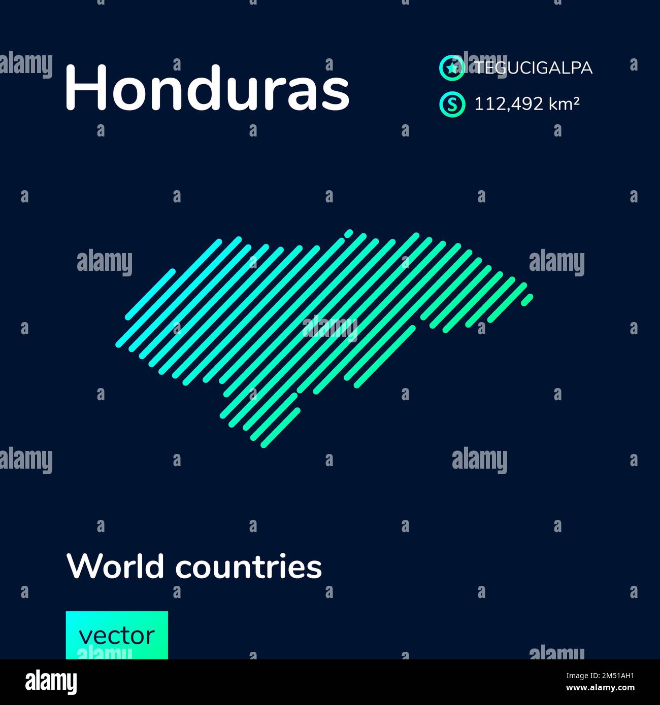 Vector creative digital neon flat line art abstract simple map of Honduras with green, mint, turquoise striped texture on dark blue background. Educat Stock Vector