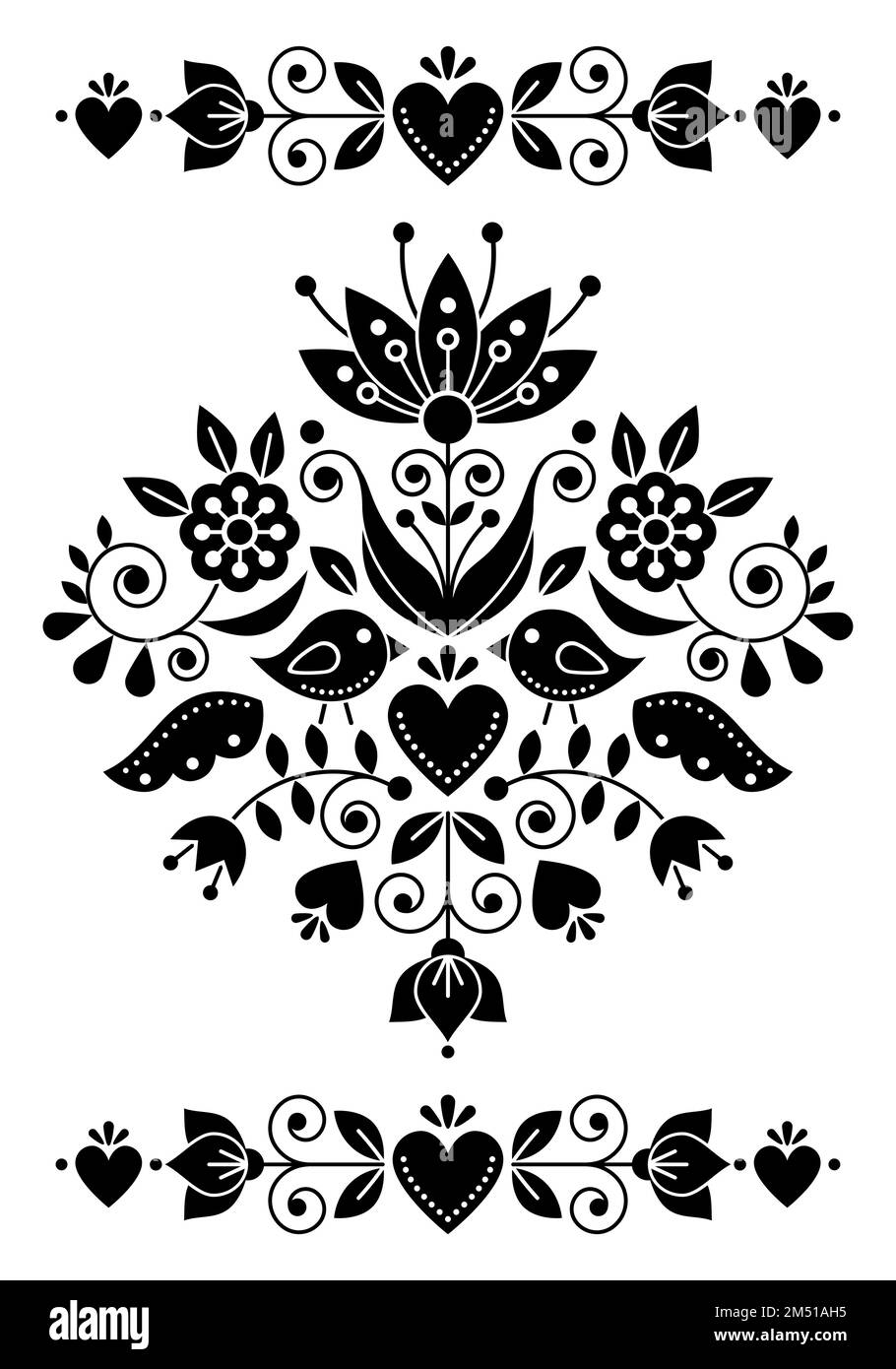Swedish folk art vector greeting card or invitation design with birds and floral motif, black and white pattern inspired by the traditional Scandinavi Stock Vector