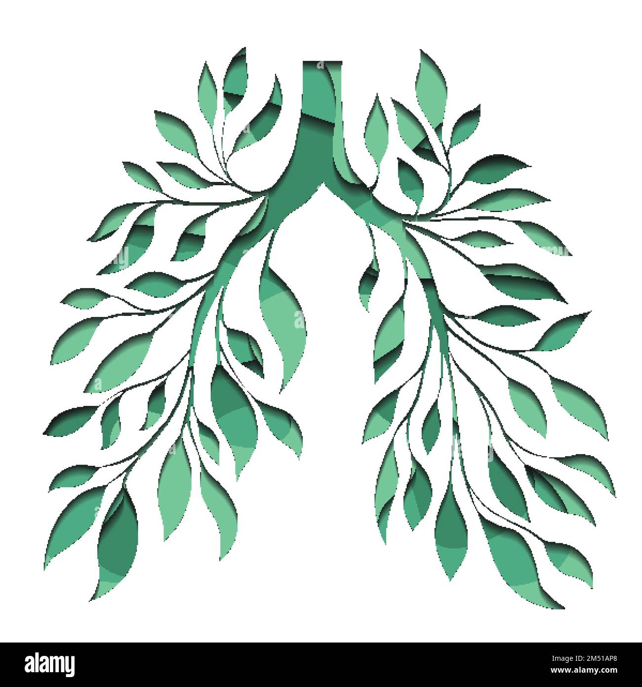 Vector logo with paper cut layered human lungs from leaves and branches. Save the earth and the environment. 3d carved silhouette of healthy human Stock Vector