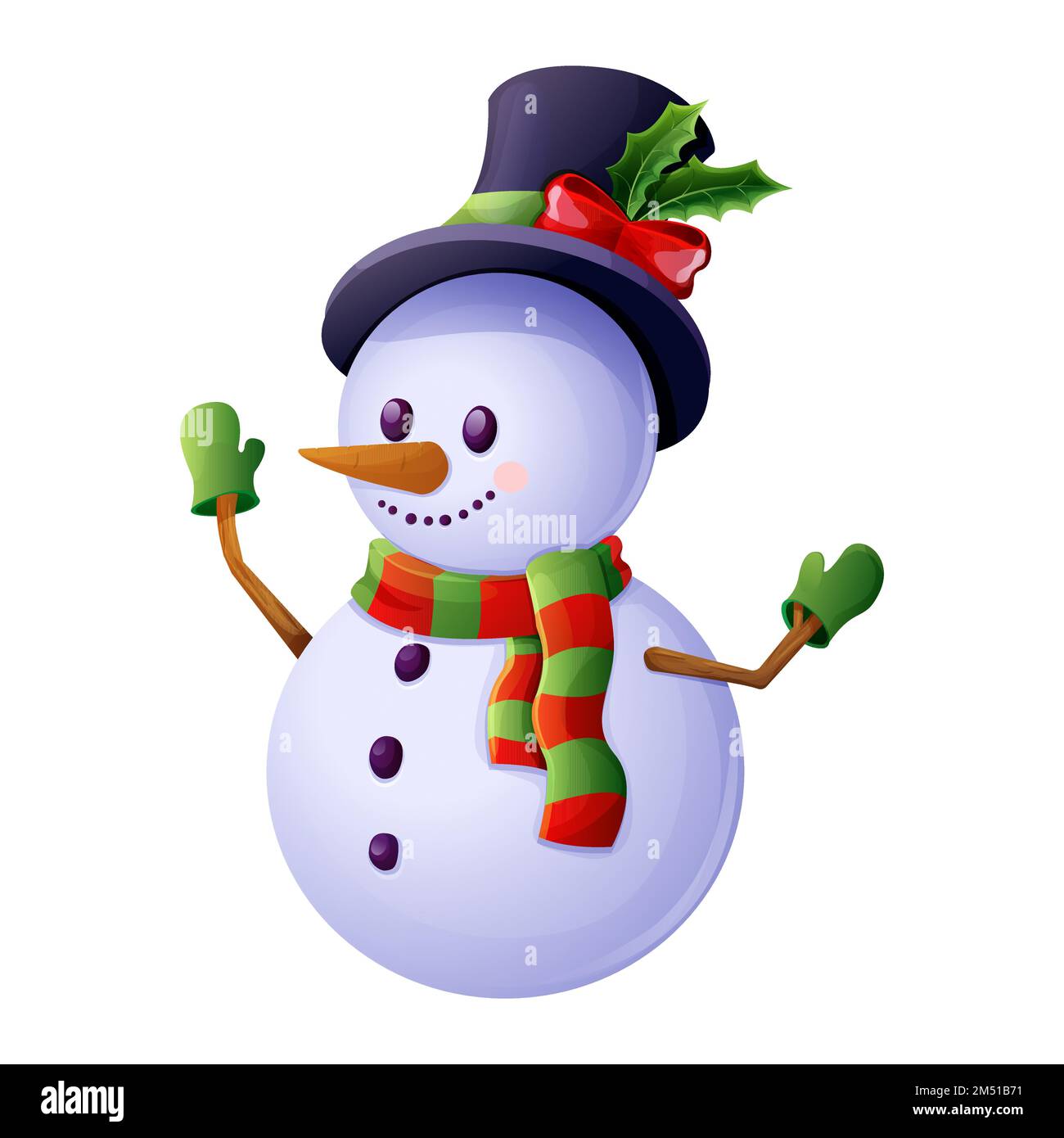 Cute snowman with top hat, scarf, emotional happy face in cartoon style isolated on white background. Christmas character, winter decoration. Vector illustration Stock Vector