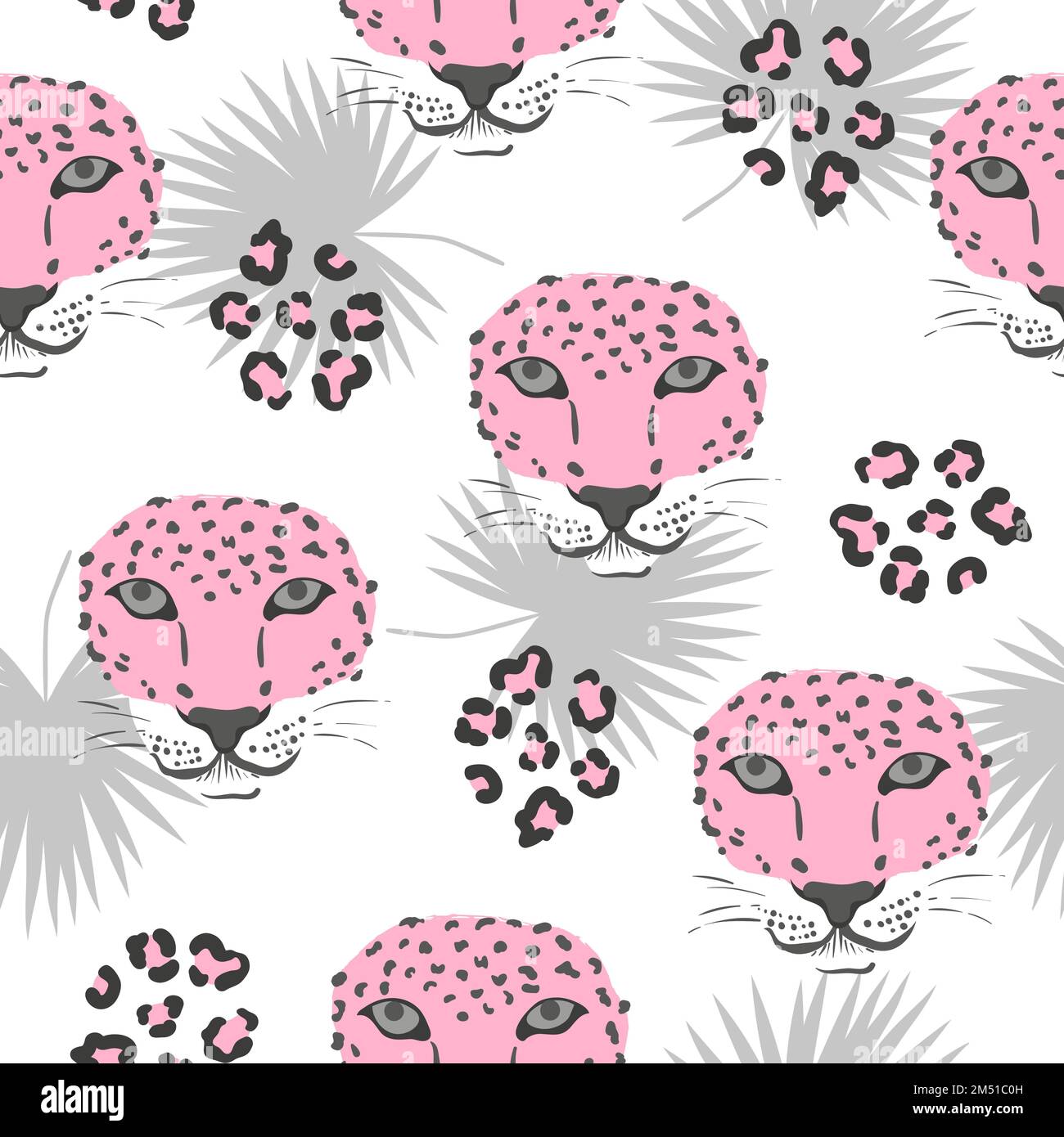Vector seamless tropical pattern with leopard heads and palm leaves ...