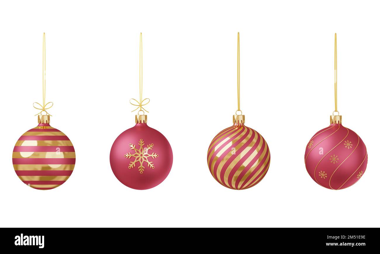 Set of 3D render Christmas toys. Front view. Red and gold Christmas balls on a golden ribbon. Festive decoration of Christmas and New Year cards, invi Stock Photo