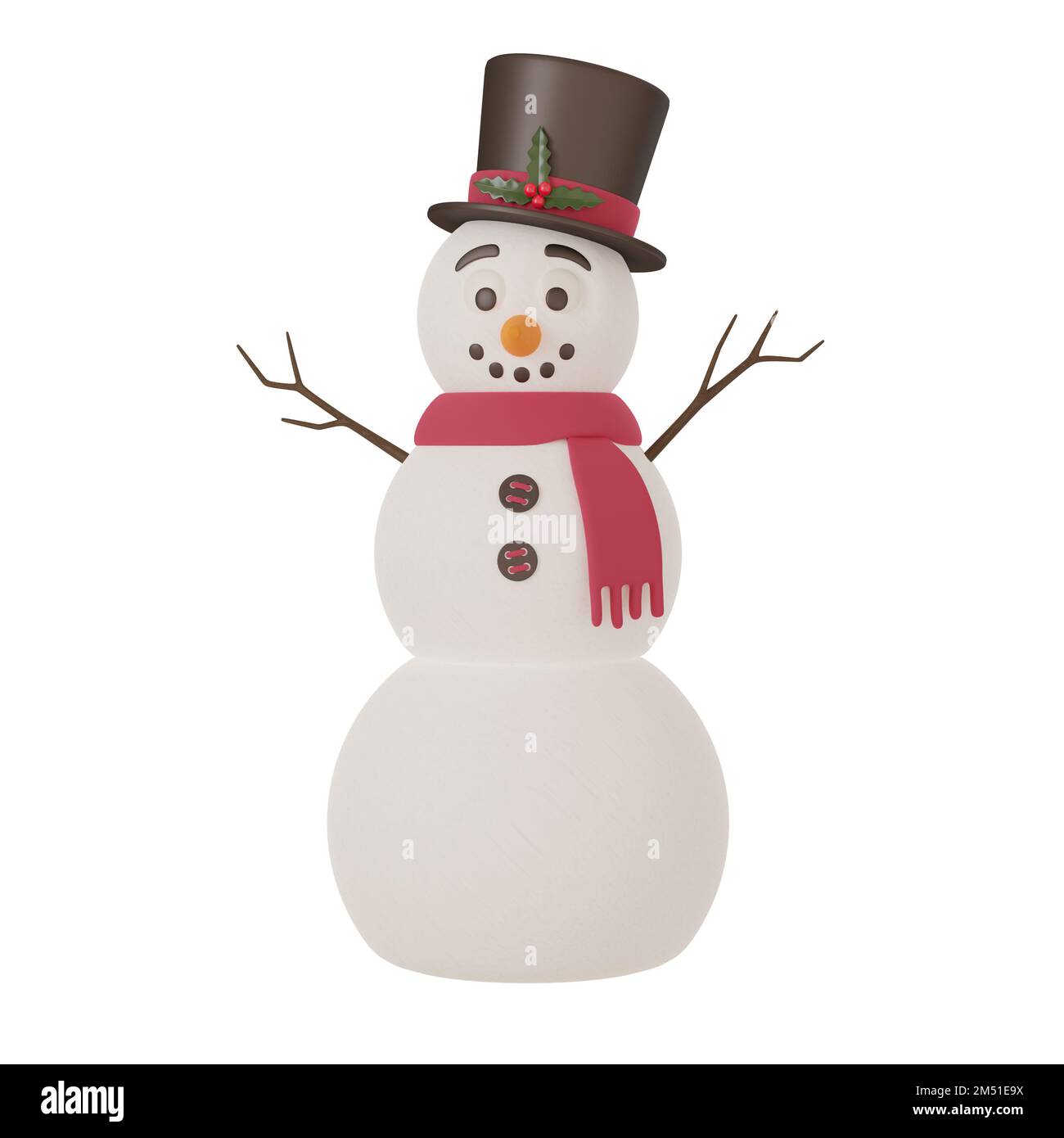 3D render smiling snowman in a hat top hat with holly leaves and red ...