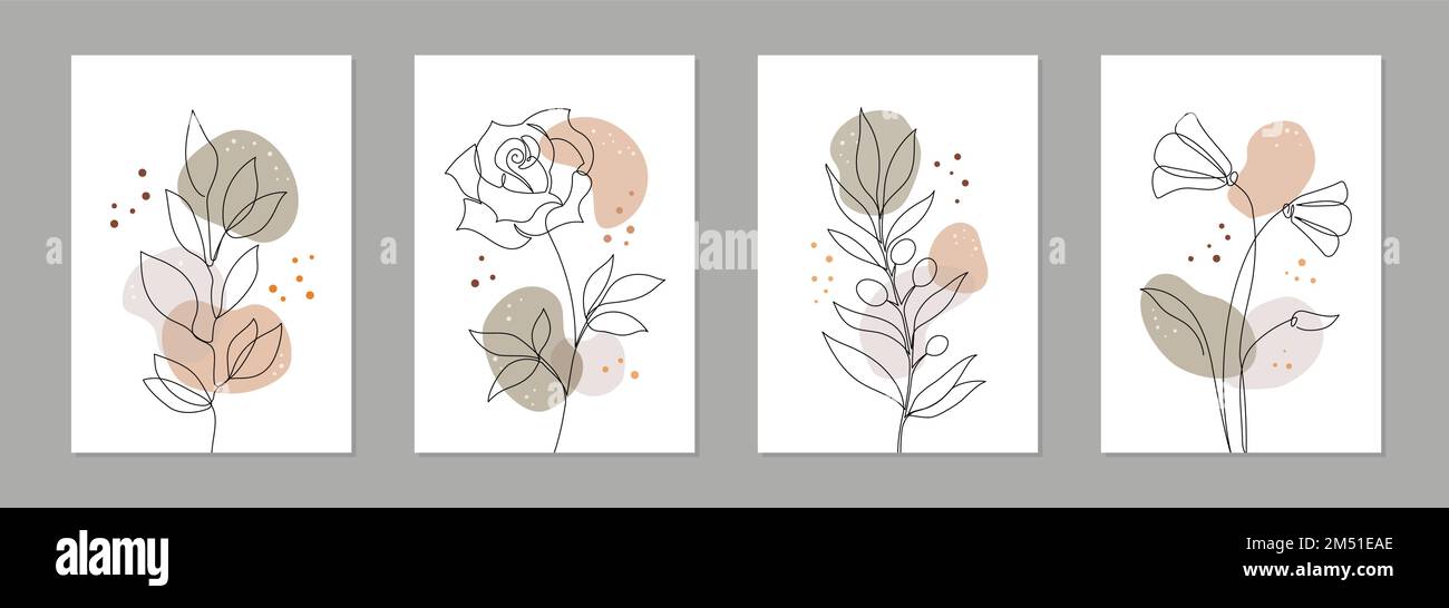 One line art flower poster set. Single continuous line leaf, flower