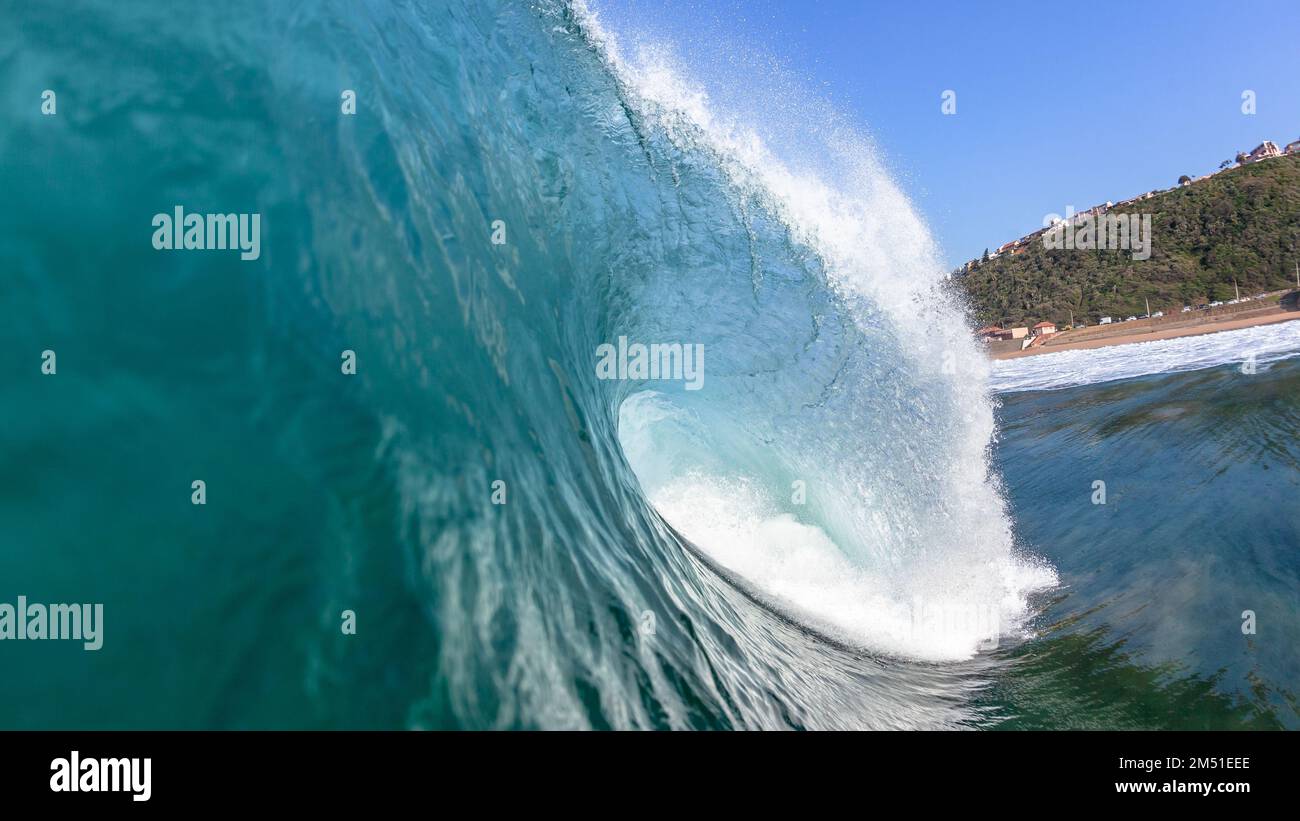 Wave Swimming Hollow Crashing Ocean Sea Water Closeup encounter photograph. Stock Photo