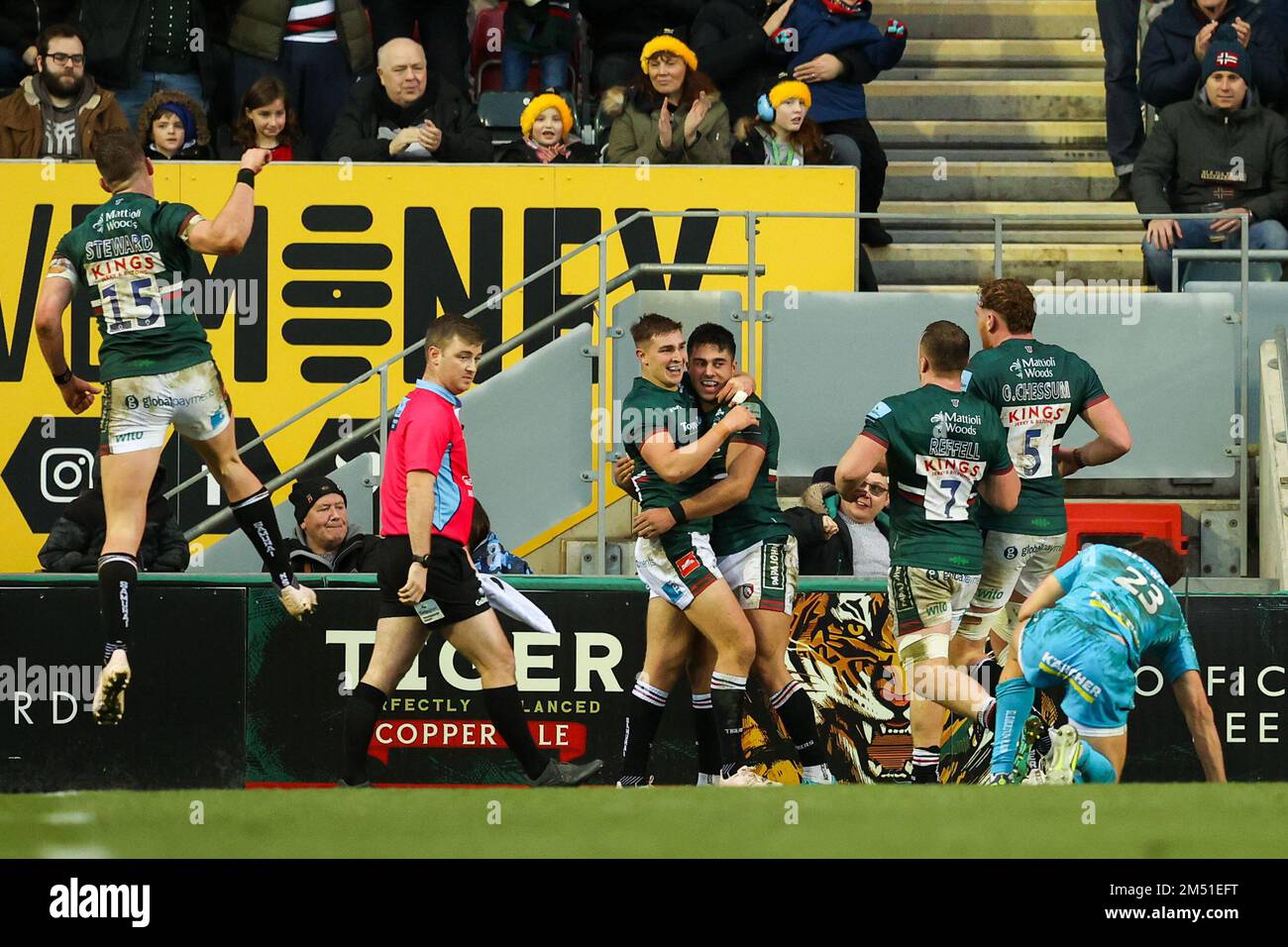 Leicester, UK. 24th Dec, 2022. Dan Kelly of Leicester Tigers celebrates scoring a try - which is subsequently disallowed - during the Gallagher Premiership match Leicester Tigers vs Gloucester Rugby at Welford Road, Leicester, United Kingdom, 24th December 2022 (Photo by Nick Browning/News Images) in Leicester, United Kingdom on 12/24/2022. (Photo by Nick Browning/News Images/Sipa USA) Credit: Sipa USA/Alamy Live News Stock Photo