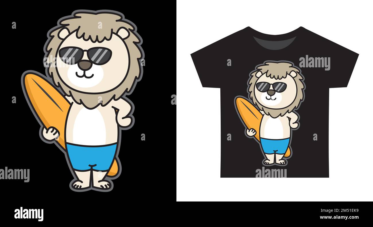 Funny lion standing with surfboard cartoon illustration for kids t