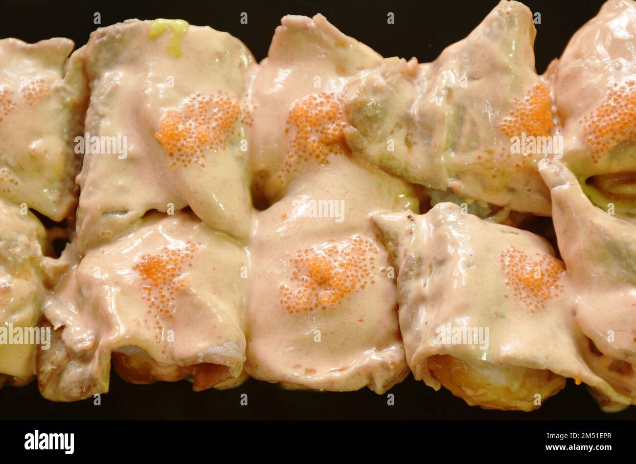 grilled beef dressing mayonnaise topping egg shrimp Sushi Japanese food with wasabi dipping soy