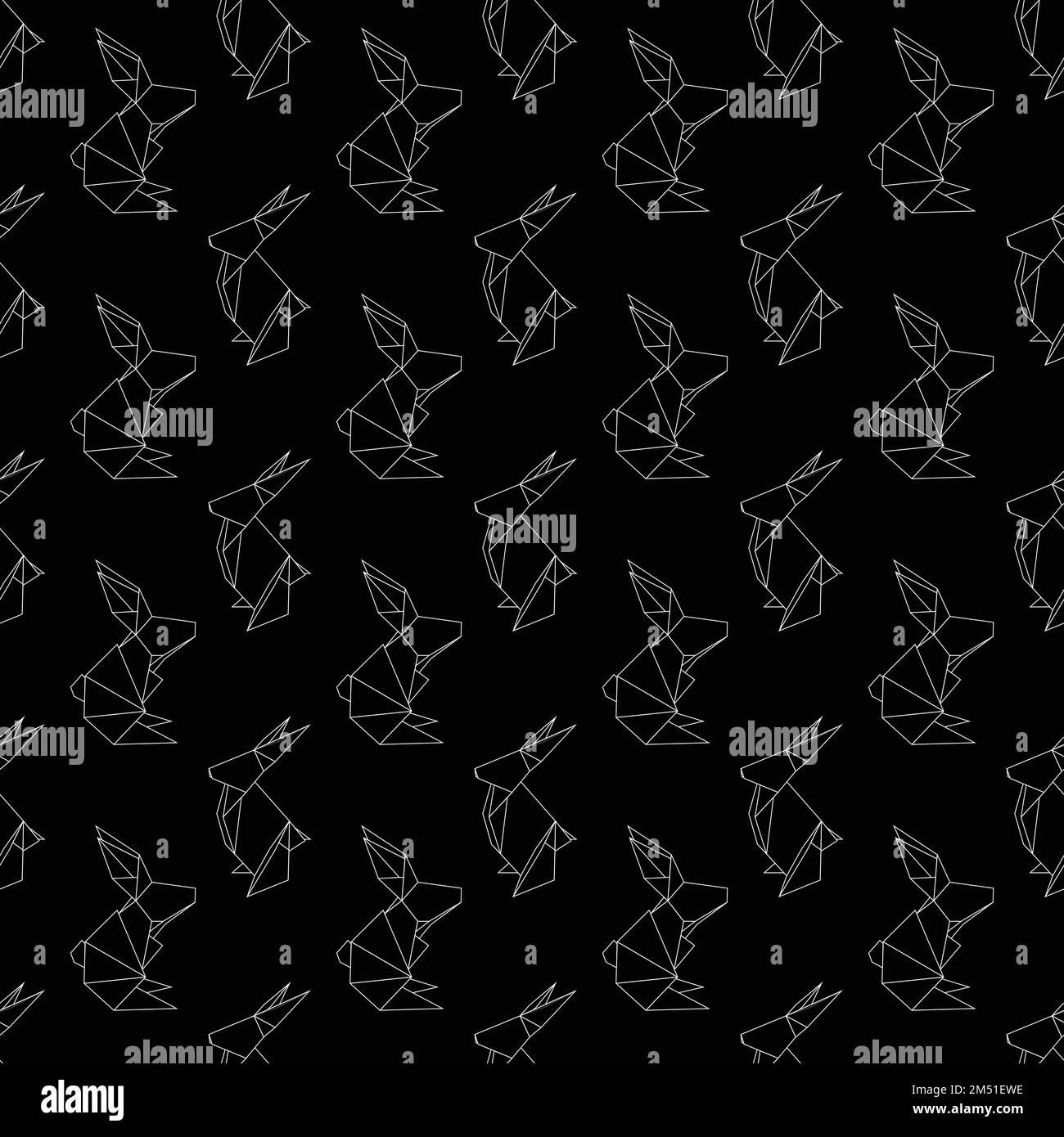 Seamless pattern with contour origami rabbits on black background. Symbol of Chinese of New year. Vector texture with outline polygonal hares. Paper Stock Vector