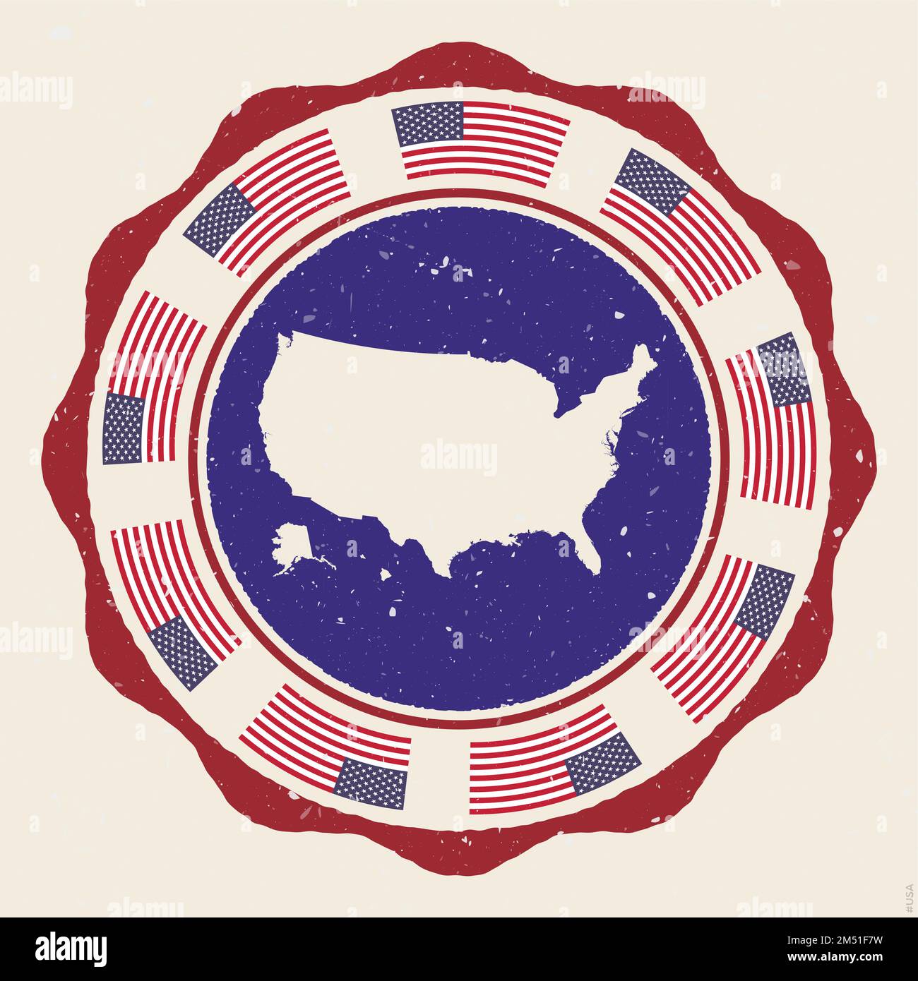 USA vintage sign. Grunge round logo with map and flags of USA