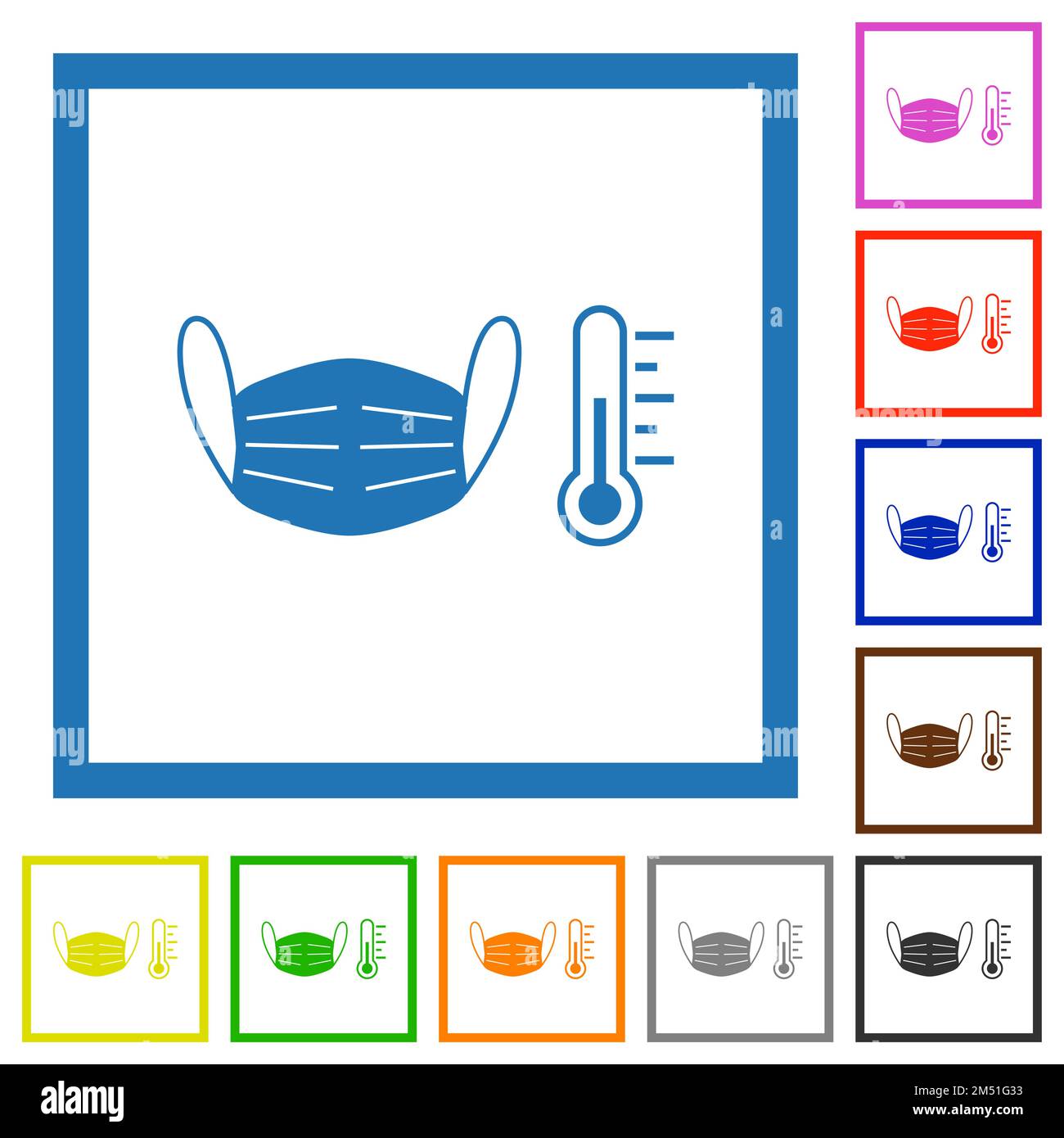 Covid-19 fever measurement flat color icons in square frames on white ...