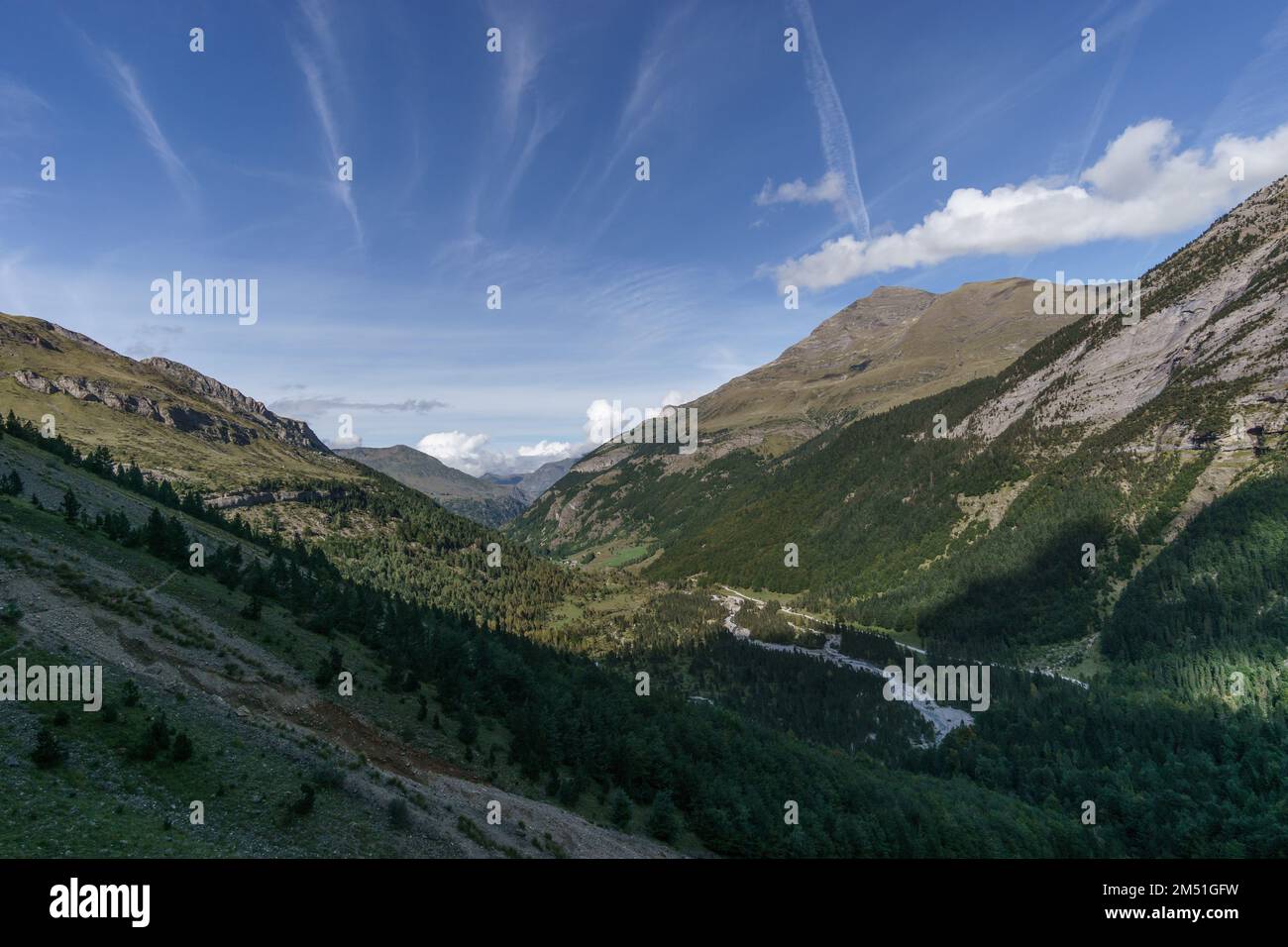 Panorama of mountain landscape with forest at Cirque de Gavarnie in