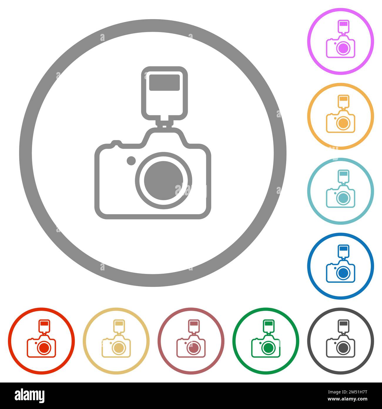 Camera with flash outline flat color icons in round outlines on white ...