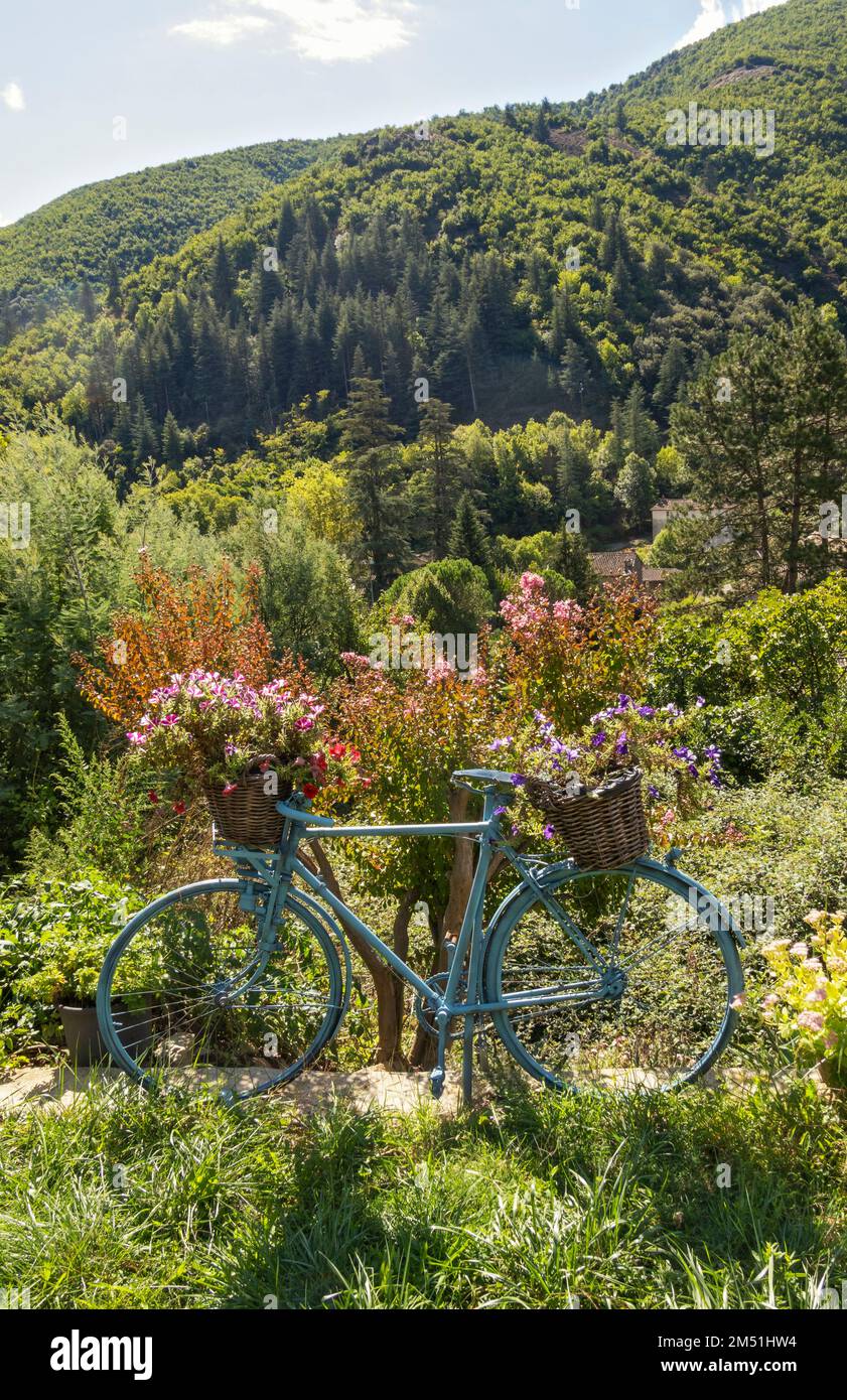 France, Valleraugue, bicycle garden decoration Stock Photo