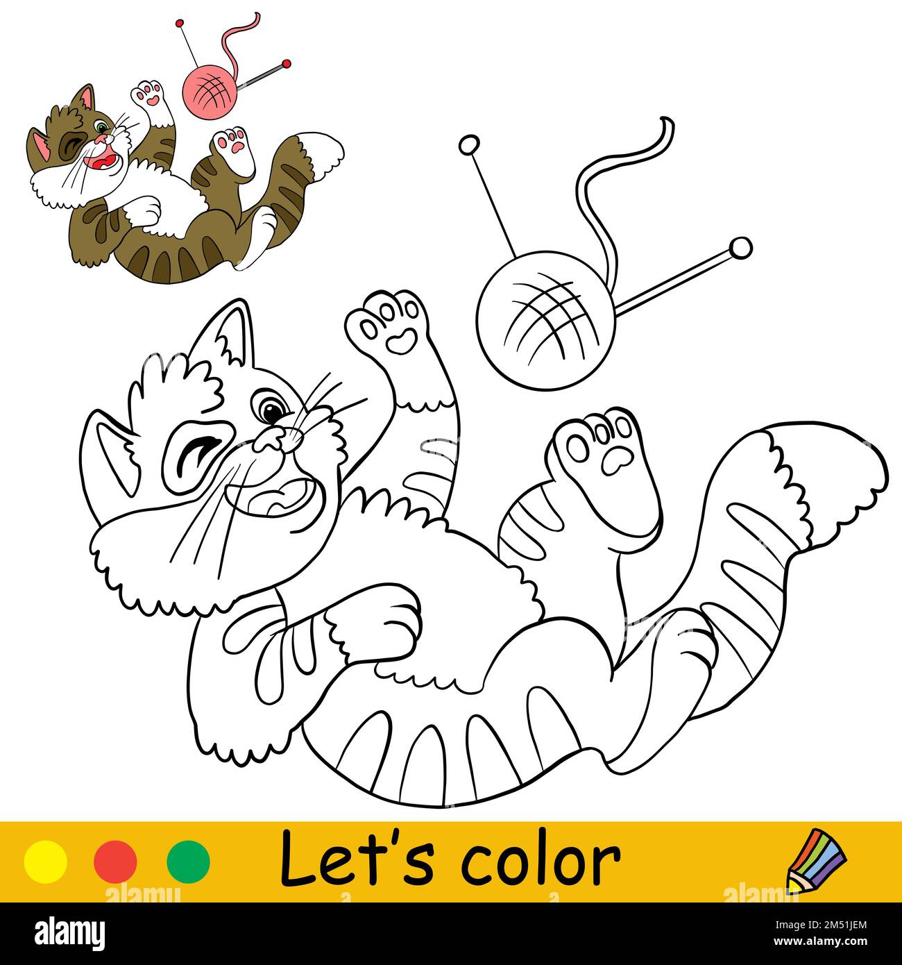 Cute cat playing with a ball of thread. Coloring book page with color ...