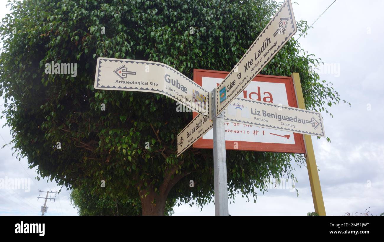 Streets directions in zapoteco & English Languages, Teotitlan del Valle, Oaxaca Stock Photo