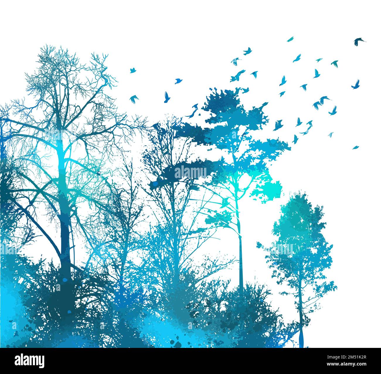 Blue forest panorama with flying birds. Vector illustration Stock