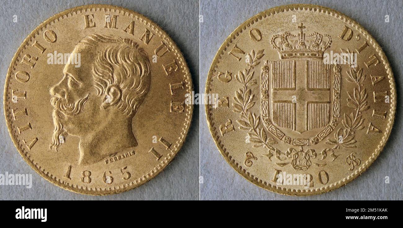 Kingdom of Italy, old vintage gold coin, 20 Lire year 1865, marengo, macro photo image front and back Stock Photo