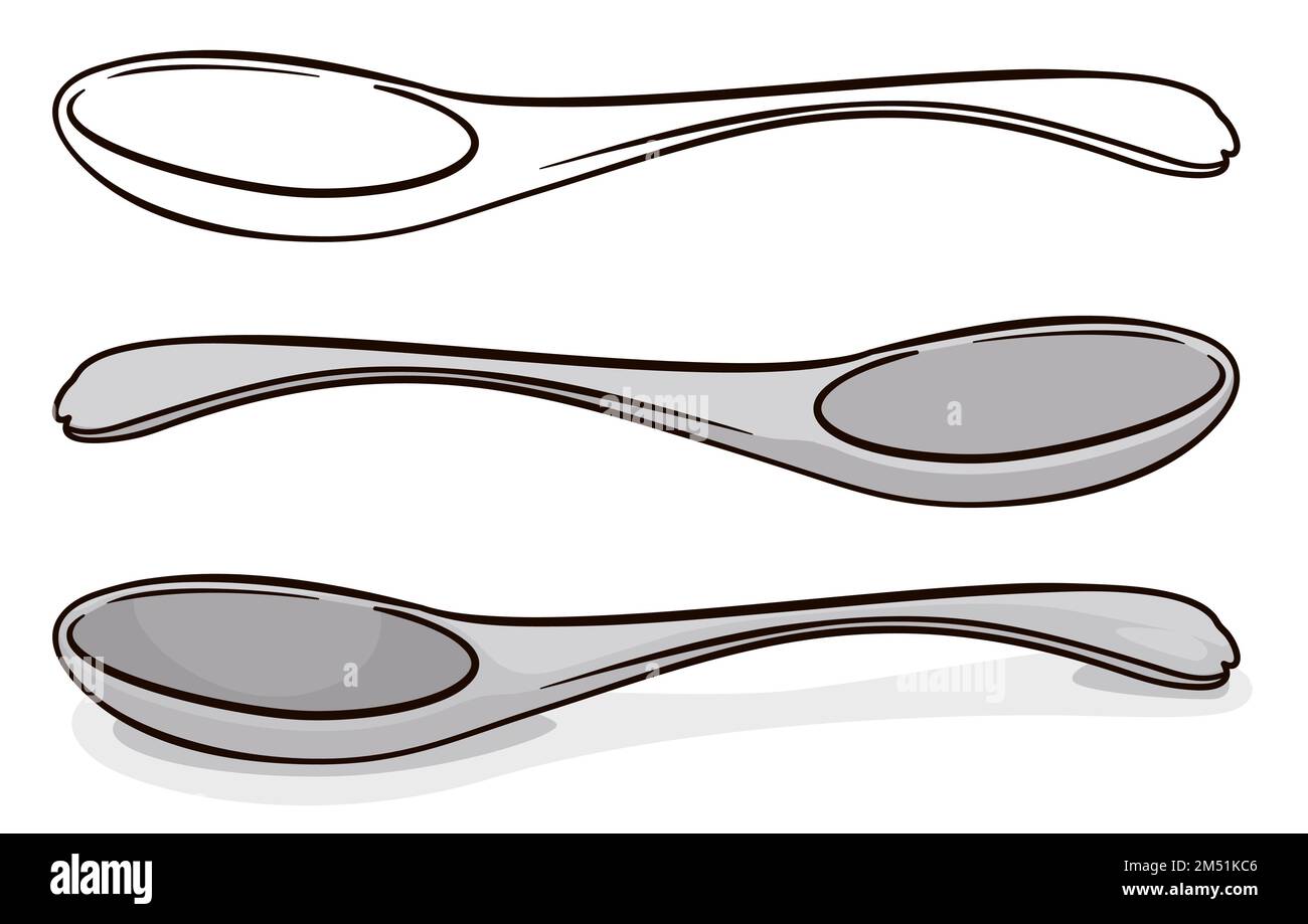 Set with three spoons in different styles outlines, flat color and cartoon style Stock Vector