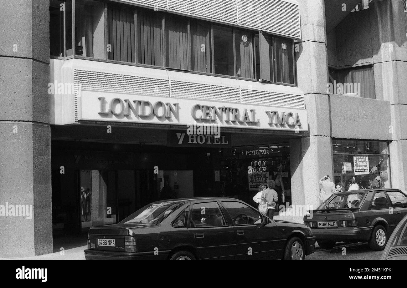 Exterior of the Tottenham Court Road entrance to the London Central YMCA in London, England on March 31, 1990. The organisation was founded in 1844. Stock Photo