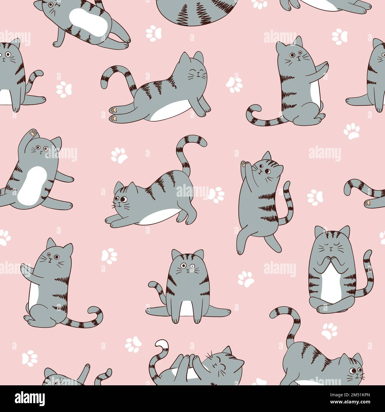 Seamless pattern with cute cartoon cats exercising seamless pattern. Vector fitness background. Stock Vector