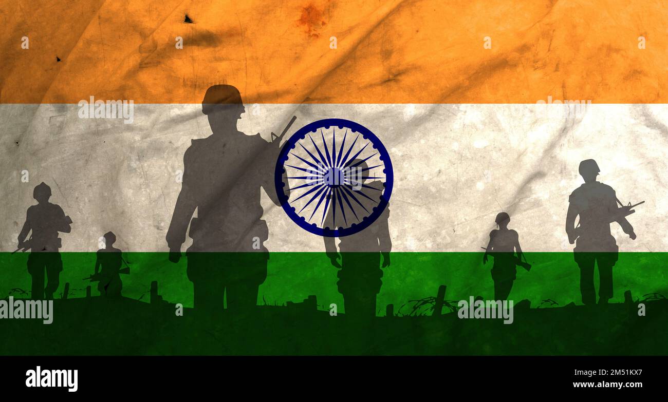 War in India, shadow of soldiers in the battlefield on dirty flag India, war crisis concept in India Stock Photo