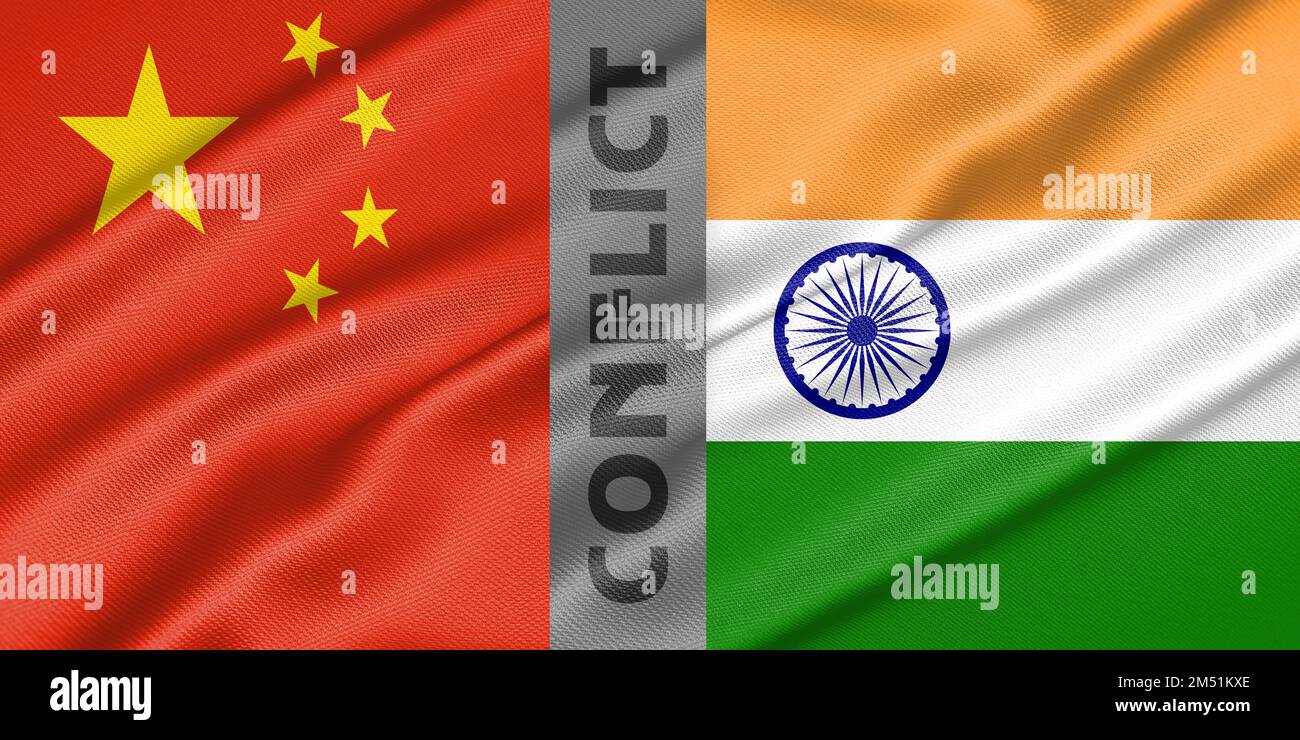 Conflict China and India, war between China vs India, fabric national flag China and Flag India, war crisis concept. 3D work and 3D image Stock Photo