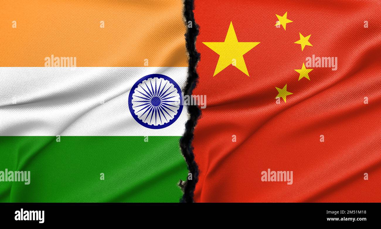 India vs China, Flags of India and China, India China in world war crisis concept Stock Photo