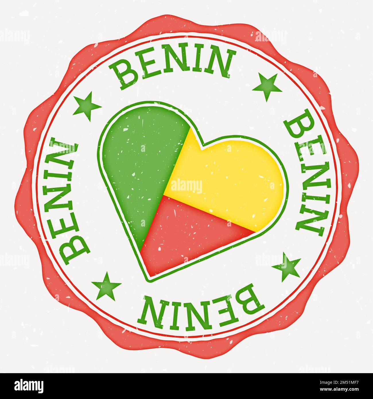Benin heart flag logo. Country name text around Benin flag in the shape of a heart. Classy vector illustration. Stock Vector