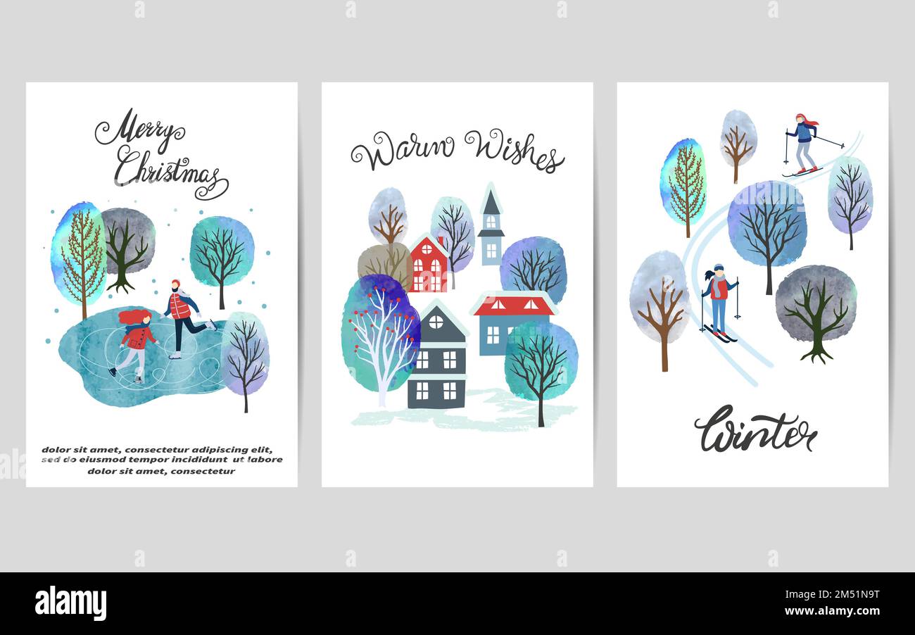 Merry Christmas card set with watercolor winter landscapes. Vector ...