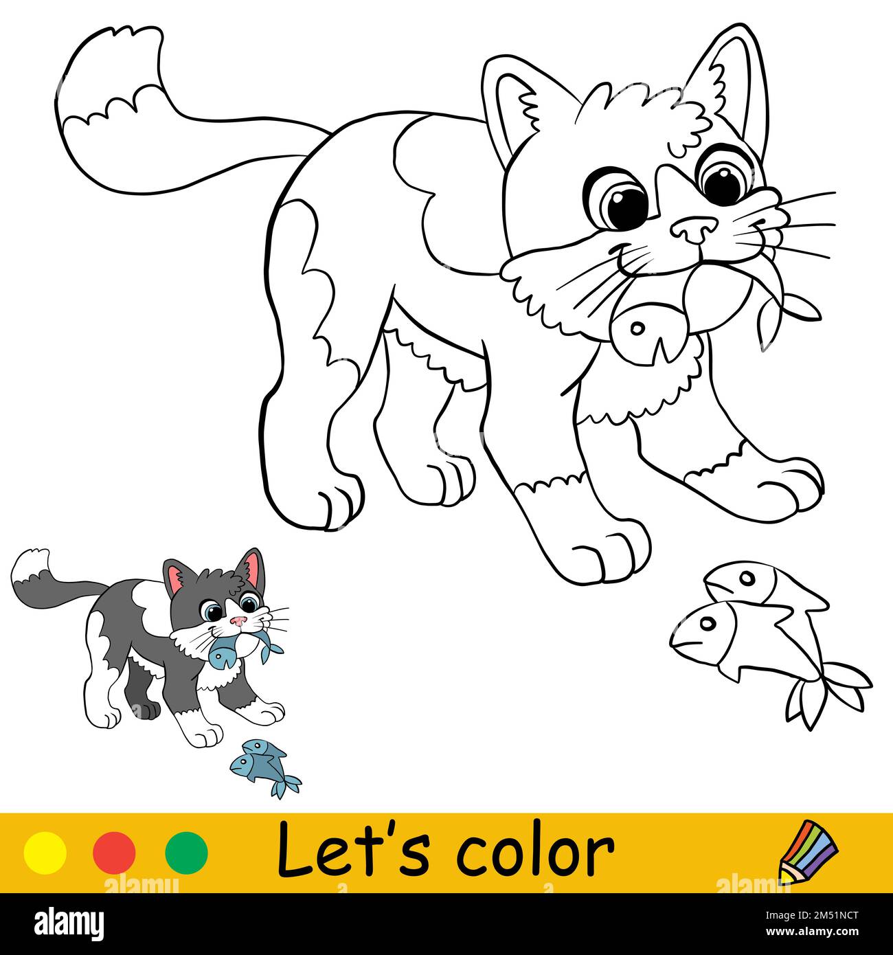Cute cat eats a fish. Coloring book page with color template for