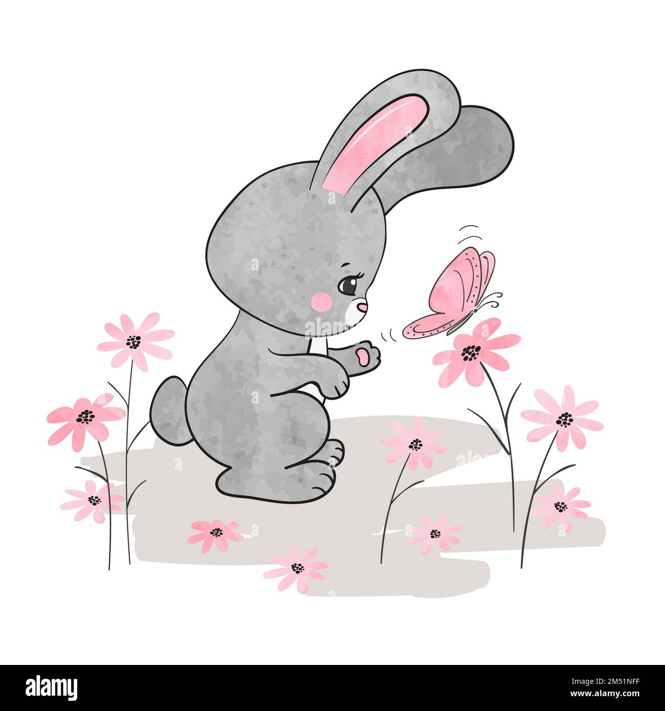 Cute watercolor bunny and butterfly. Vector summer illustration. Baby print. Stock Vector