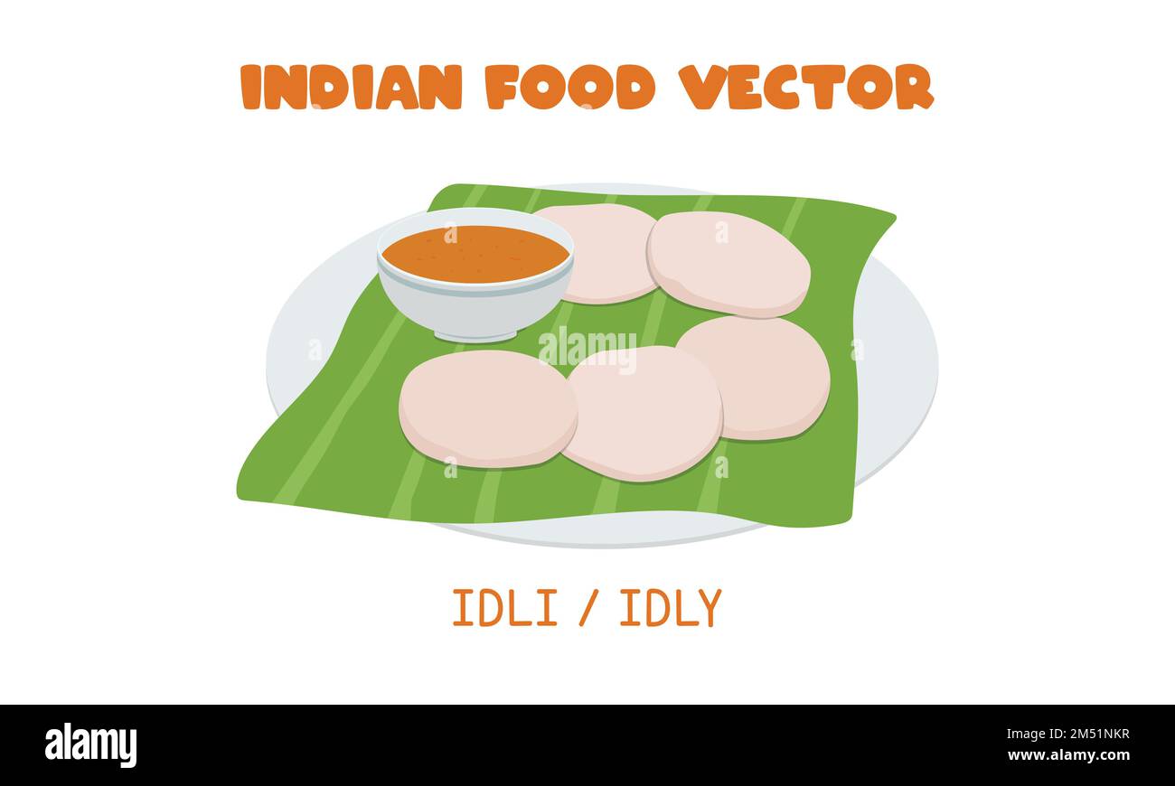 Indian Idli or Idly - Indian savory rice cake breakfast flat vector illustration isolated on white clipart cartoon. Asian food. Indian cuisine Stock Vector