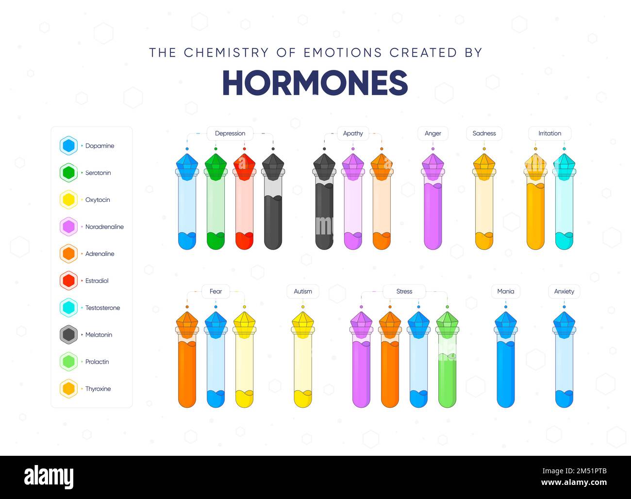 The chemistry of emotions created by hormones. Dependence of the state and mood of the person on hormonal background. Names of hormones and medical fl Stock Vector
