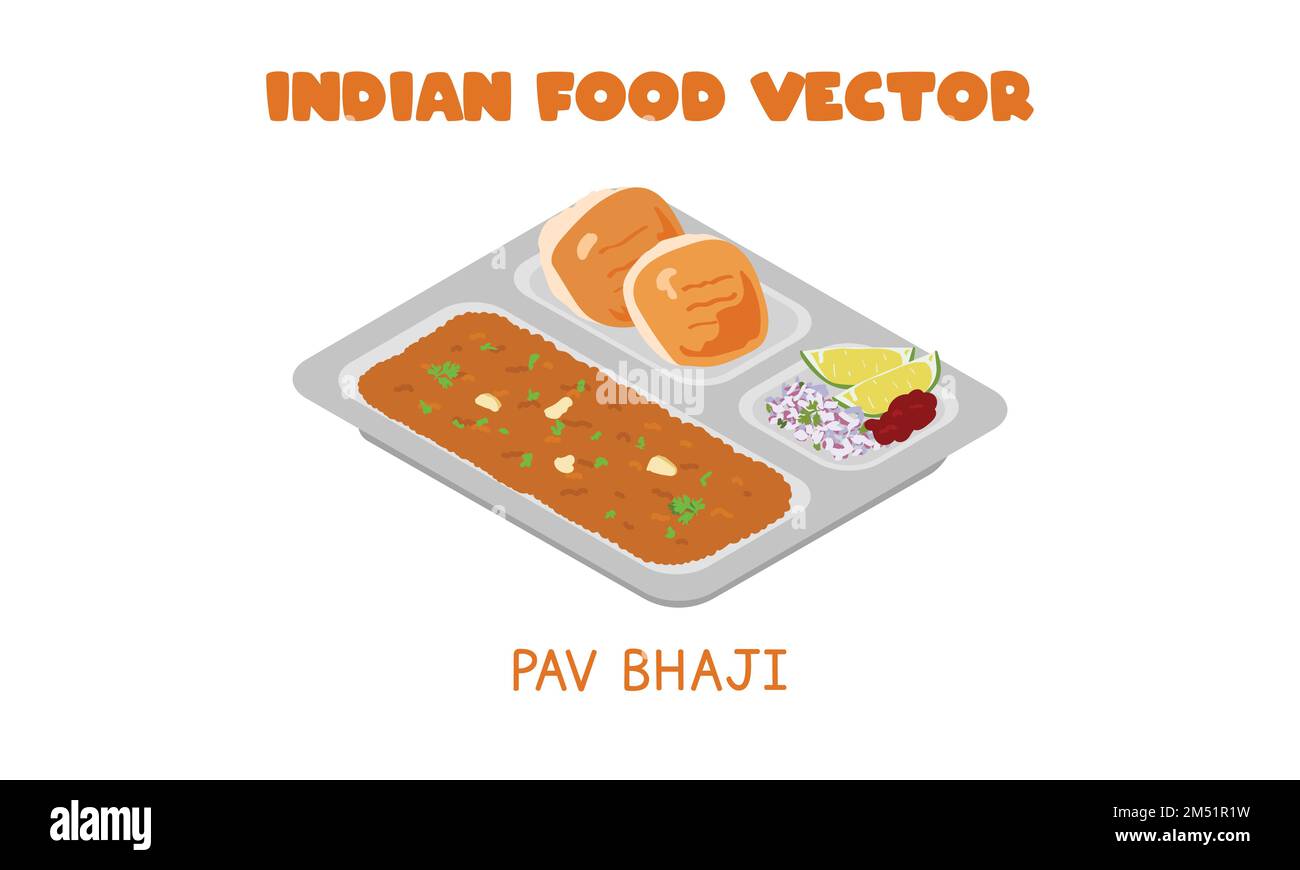 Indian Pav Bhaji - Mumbai Street Style Pav Bhaji fast food flat vector illustration isolated on white, clipart cartoon. Asian food. Indian cuisine Stock Vector