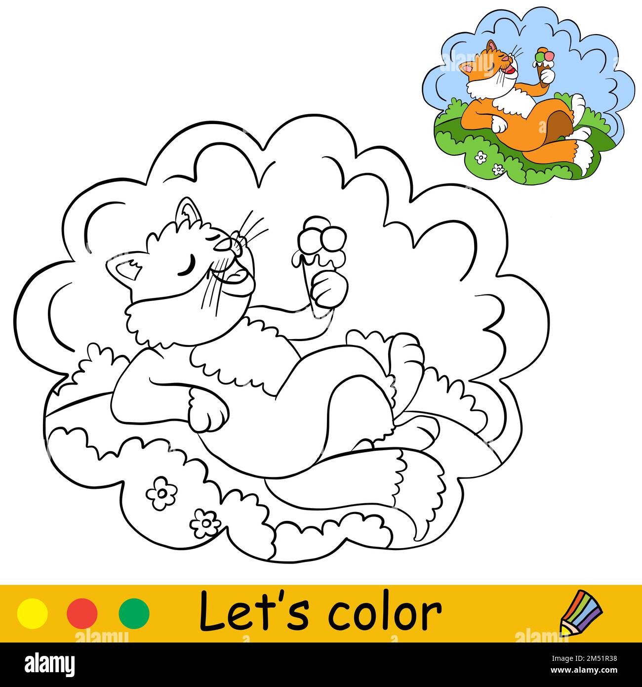 Funny cat in the meadow eating ice cream. Coloring book page with color