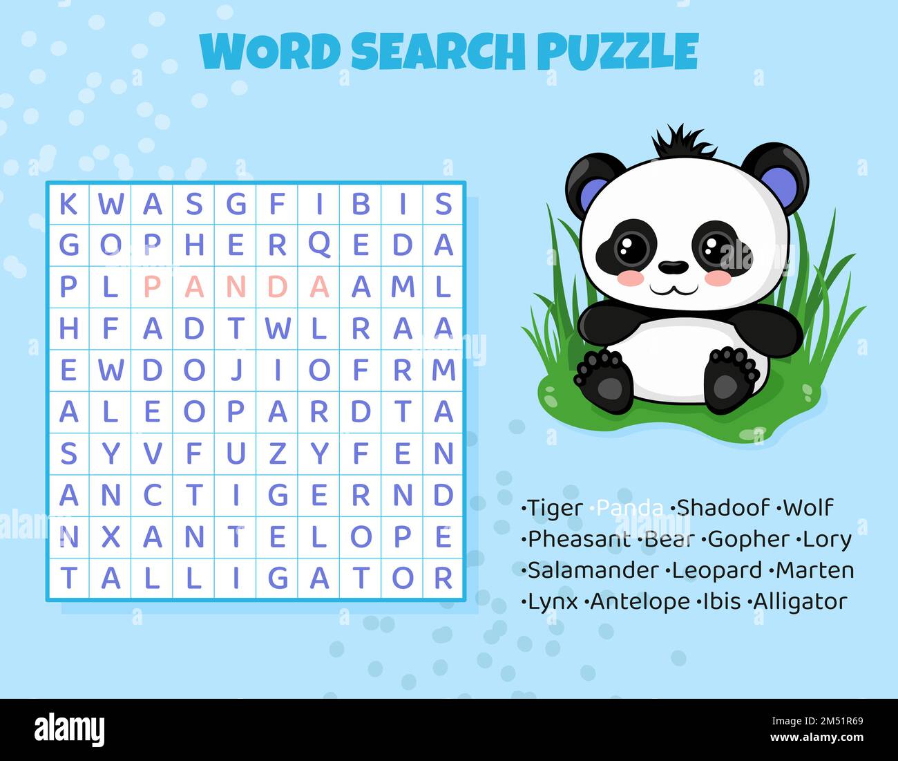 Word search puzzle for kids with Asian animals. Stock Vector