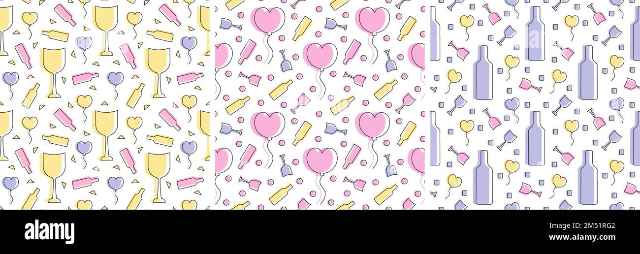 Set of Happy Valentine's Day Seamless Pattern Design with Decoration in ...