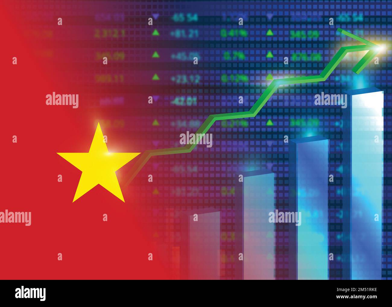 Economic growth in Vietnam.Vietnam's stock market.Vietnamese flag with charts,growth arrow Stock Vector